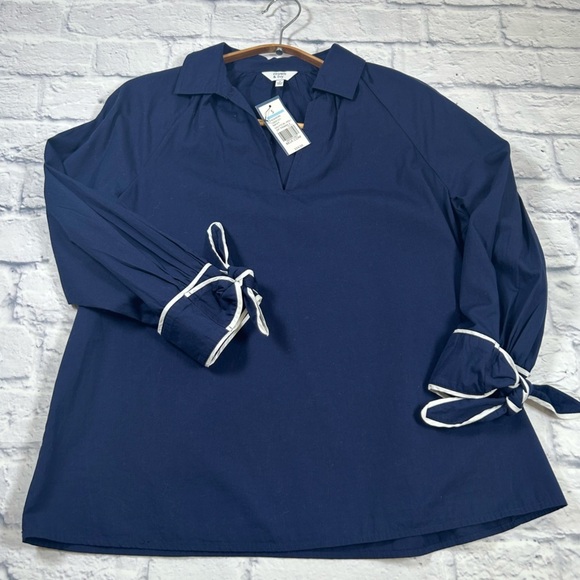Crown & Ivy Navy Blue 3/4 Sleeve V Neck Pullover Blouse w/ White Trim Tie Sleeve - Picture 5 of 8